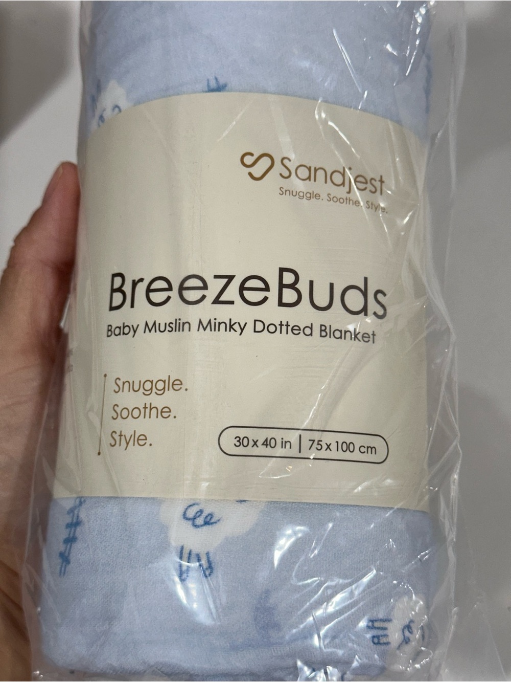 BreezeBuds Baby Muslin Minky Dotted Blanket - Light Blue by Sandjěst